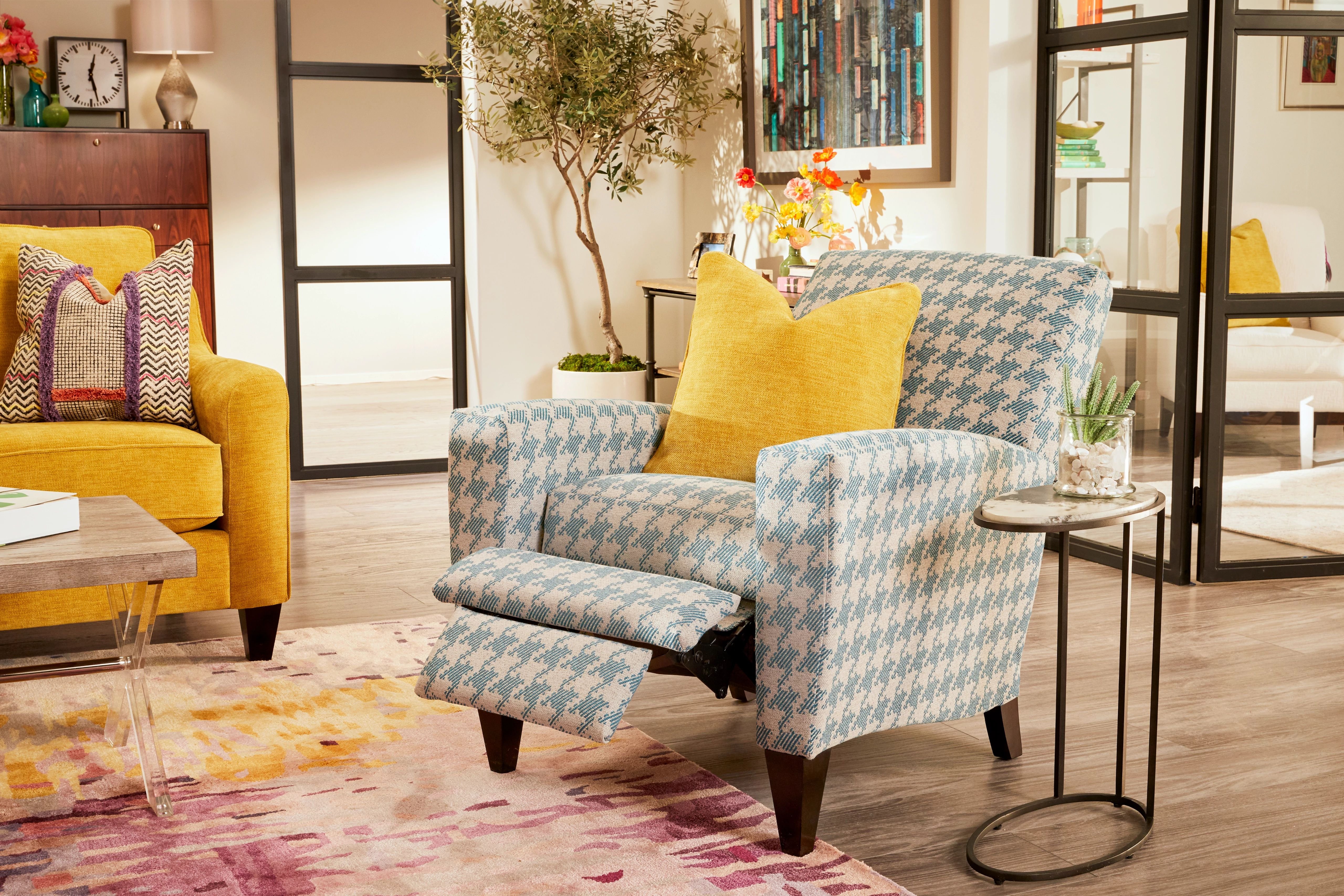 Teal and Cream Scarlett Reclining Accent Chair with yellow pillow